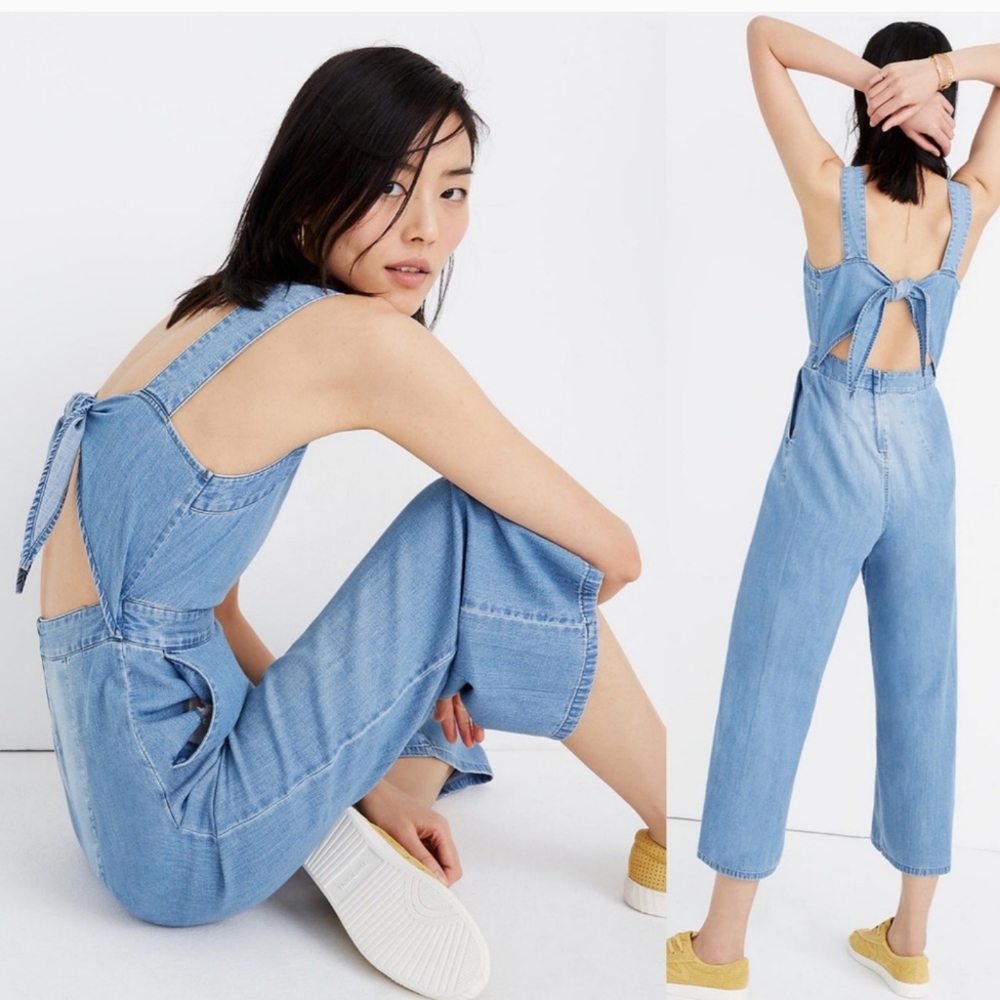 Madewell Denim Apron Bow-Back Wide-Leg Jumpsuit 0